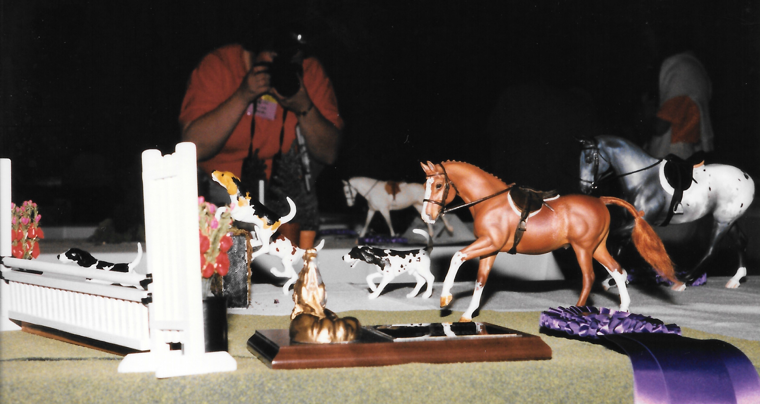 A chestnut model pony with an award in a model horse hunter class